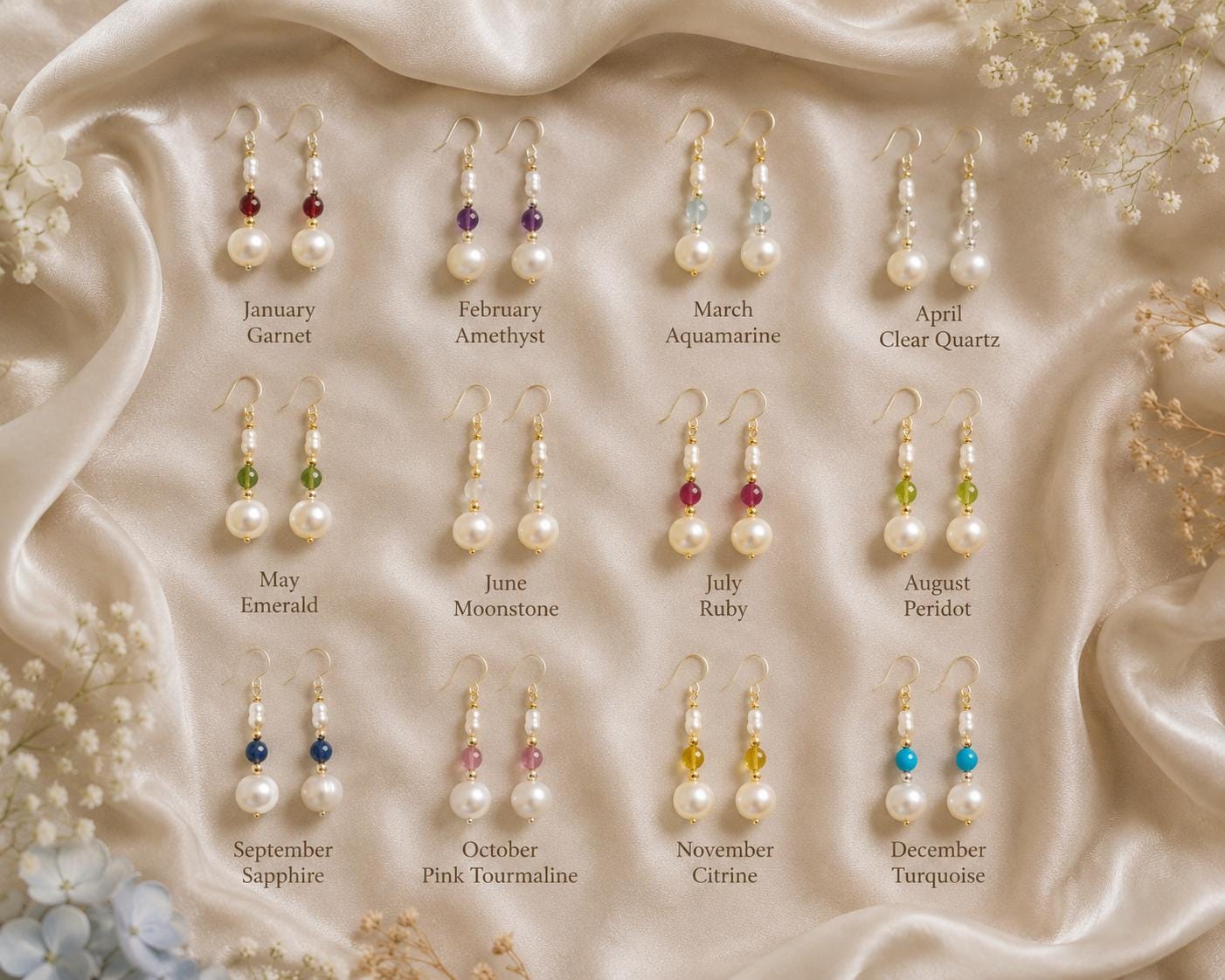 Birthstone & Freshwater Pearl Drop Earrings • Handmade Birth Month Gemstone • Personalized for Her • Bridesmaid Earrings • Birthday Gift