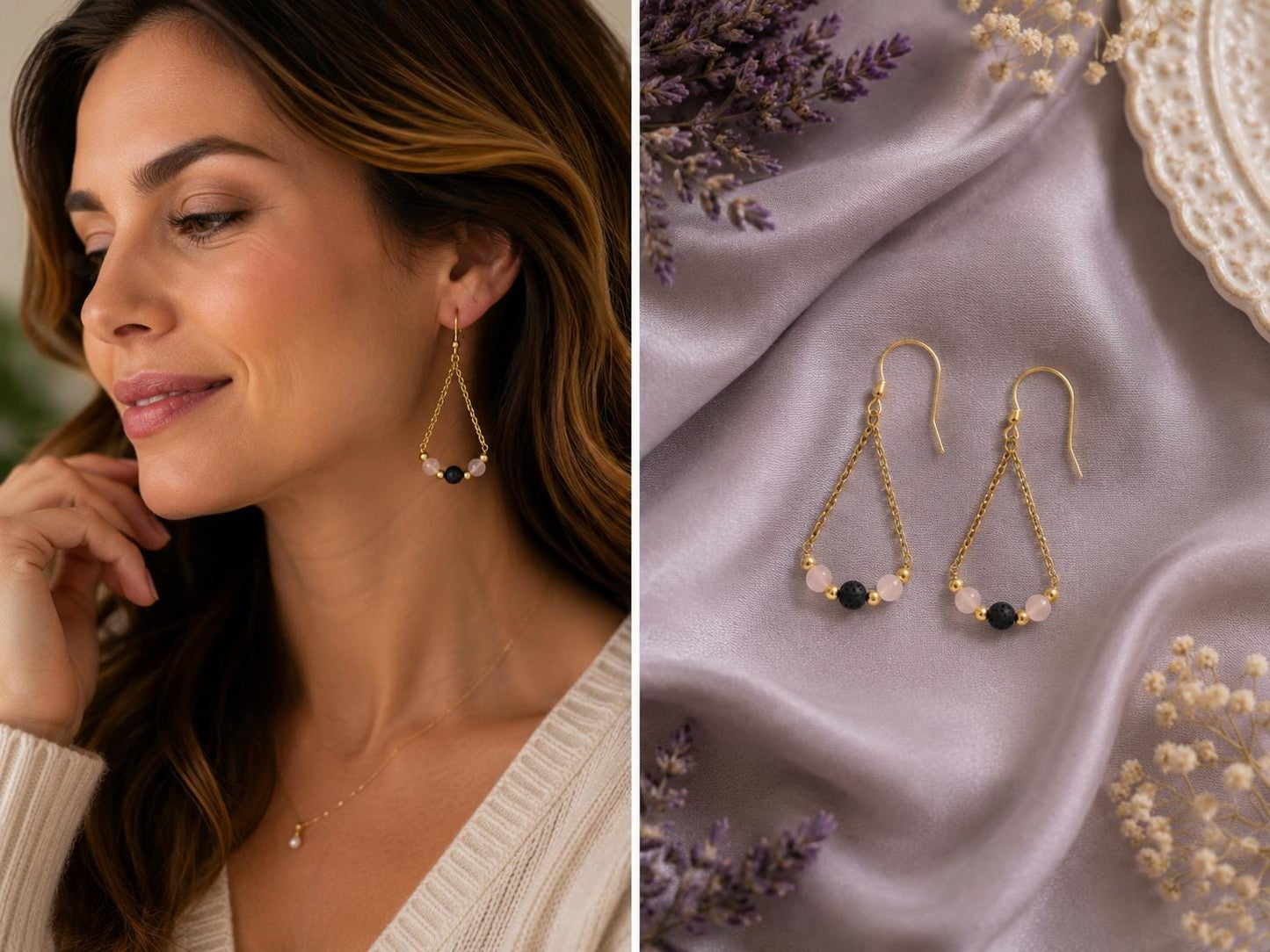 Gemstone Teardrop Earrings with Lava Stone - Gold or Silver - Choose Your Gemstone & Vibe - Aromatherapy Jewelry - Gift for Her