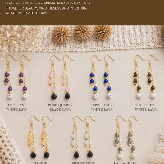 Gemstone Double Drop Earrings with Lava Stone - Gold or Silver - Choose Your Gemstone & Vibe - Aromatherapy Jewelry - Gift for Her