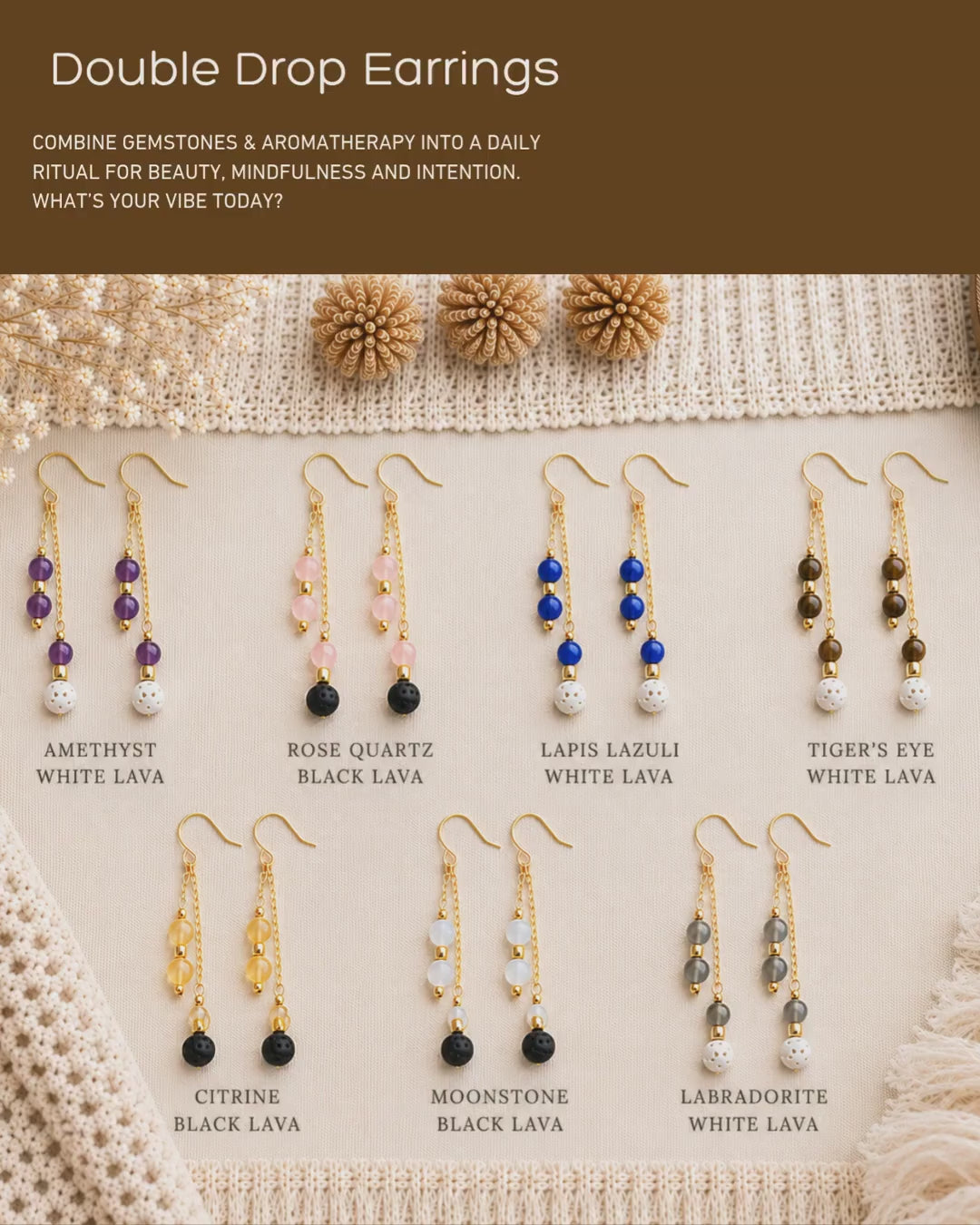 Gemstone Double Drop Earrings with Lava Stone - Gold or Silver - Choose Your Gemstone & Vibe - Aromatherapy Jewelry - Gift for Her